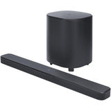 Black JBL Bar 500 soundbar and wireless subwoofer on a white background