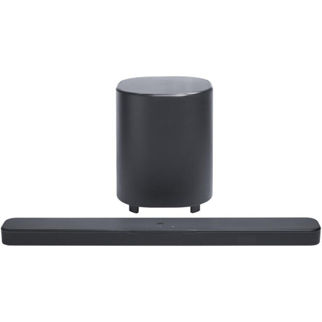 JBL Bar 500 soundbar and wireless subwoofer on a white background
