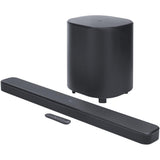 Black JBL Bar 500 soundbar and wireless subwoofer with remote on a white background