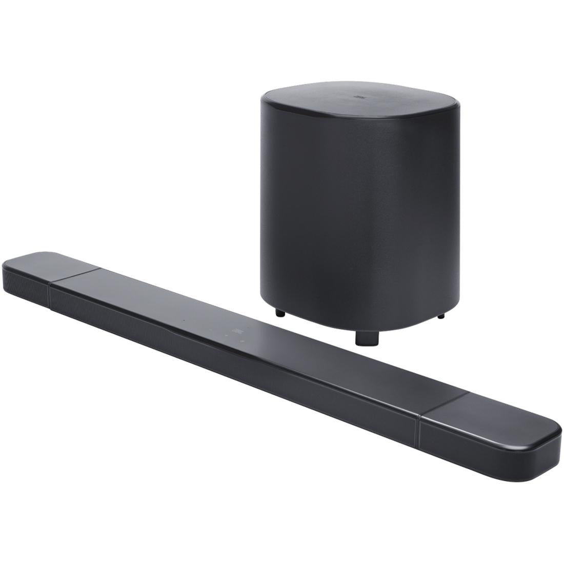 Black JBL Bar 700 soundbar and wireless subwoofer on a white background
