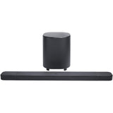 Black JBL Bar 700 soundbar and wireless subwoofer on a white background