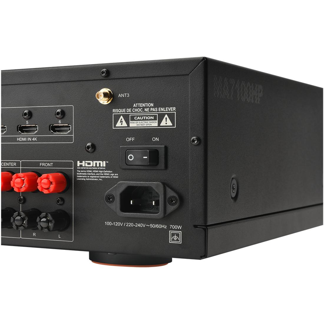 Close-up of JBL MA7100HP A/V Receiver back panel, on/off switch