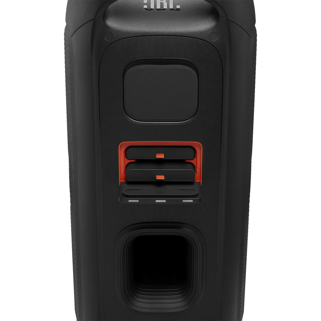 Black JBL PartyBox 720 speaker showing battery port