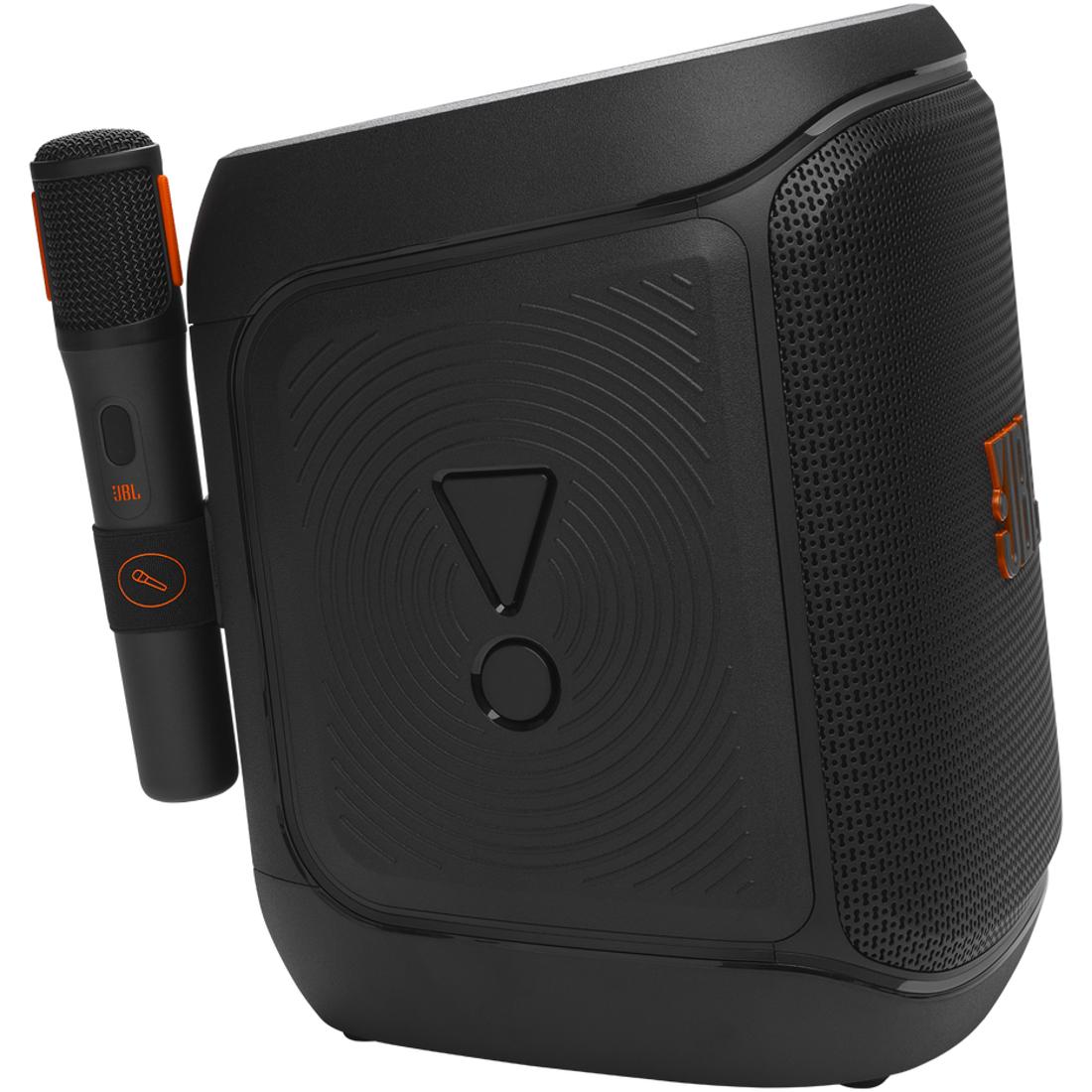 Black JBL PartyBox Encore 2 speaker with a microphone attached