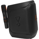 Black JBL PartyBox Encore 2 speaker with a microphone attached