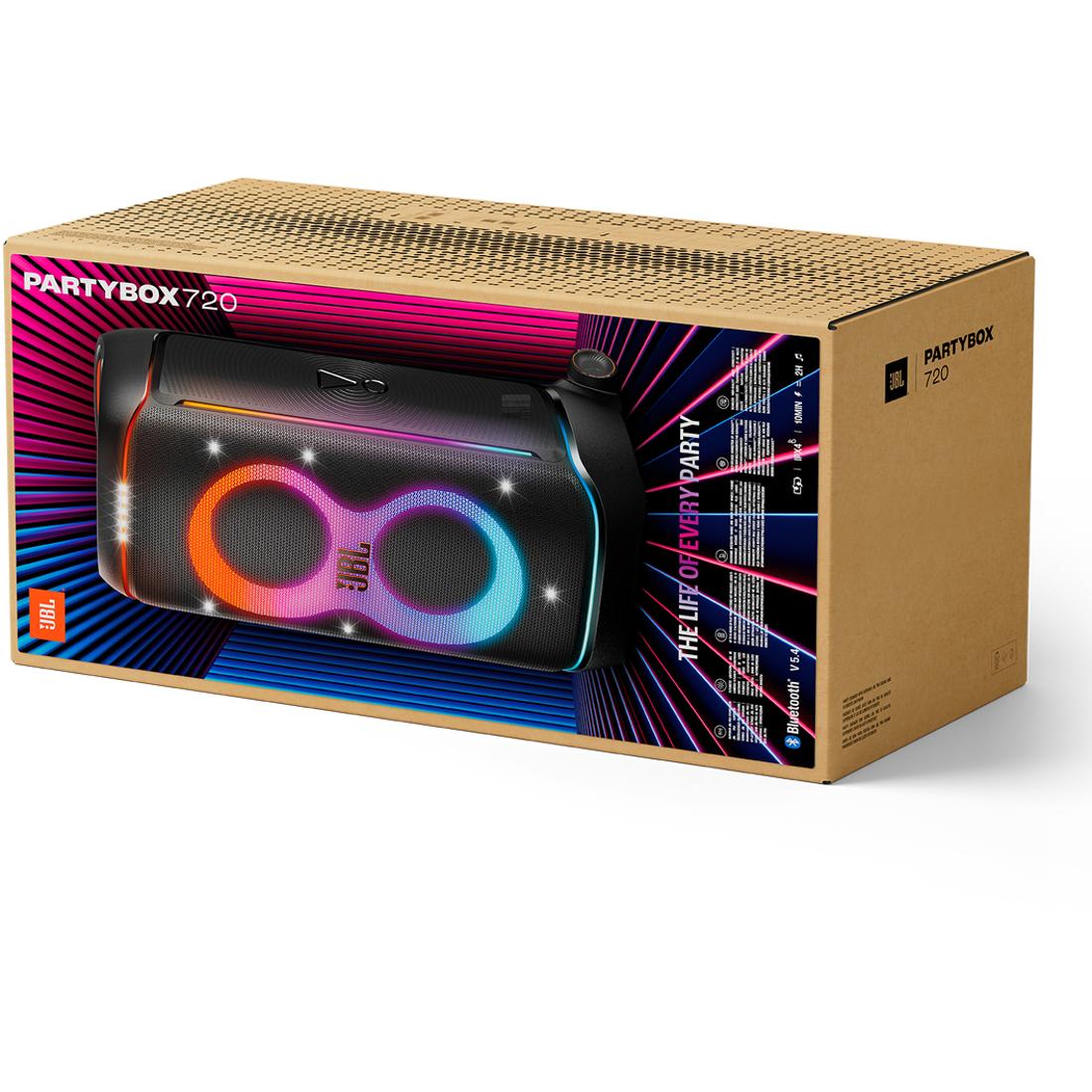 Cardboard box packaging for a JBL PartyBox 720 speaker with colorful design elements.