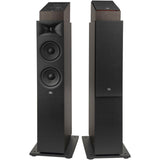 Pair of black JBL Stage 260F floor-standing speakers
