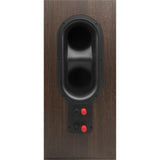 Close-up of port and terminals on a JBL Stage 260F speaker in espresso finish