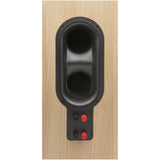 Close-up of port and terminals on a JBL Stage 260F speaker in latte finish