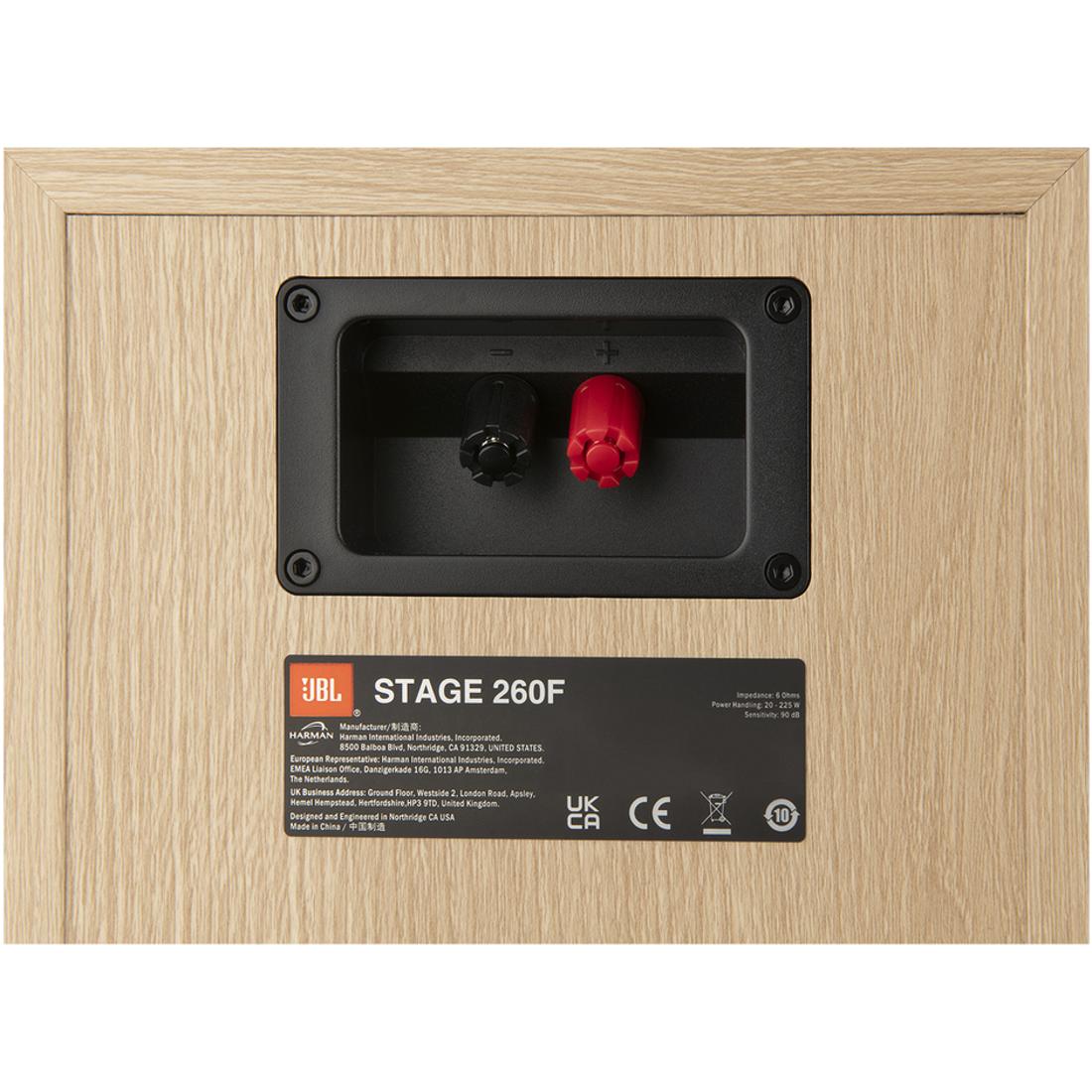 Back panel of a JBL Stage 260F speaker with wiring terminals and certification labels.