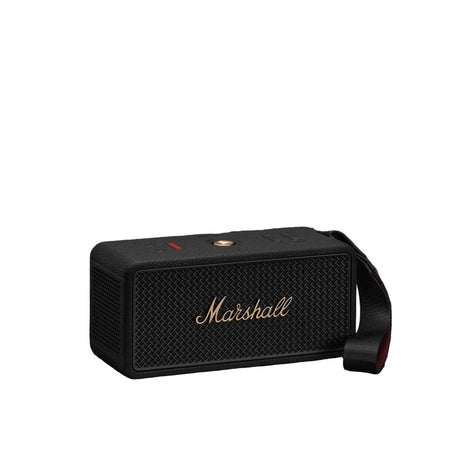 Marshall Middleton II Black and Brass portable Bluetooth speaker shown on a dark background, highlighting its iconic design. 