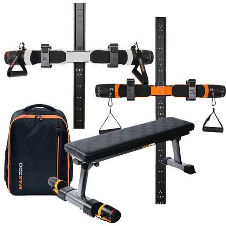 Maxpro SmartConnect Raw Metal | Maxpro Foldable Steel Bench | Maxpro Slimline Wall Track | Maxpro BackPack - Bundle