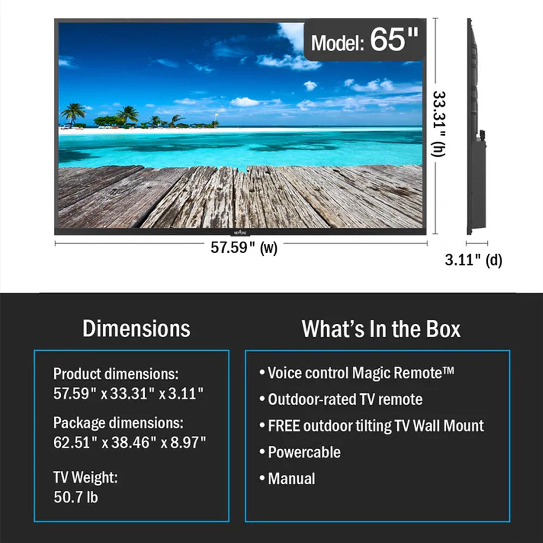 Neptune ODTV6504 65" 4K Full Sun Outdoor Smart TV with Included Tilting Wall Mount