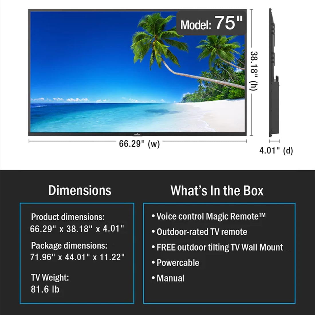 Neptune ODTV7504 75" 4K Full Sun Outdoor Smart TV with Included Tilting Wall Mount