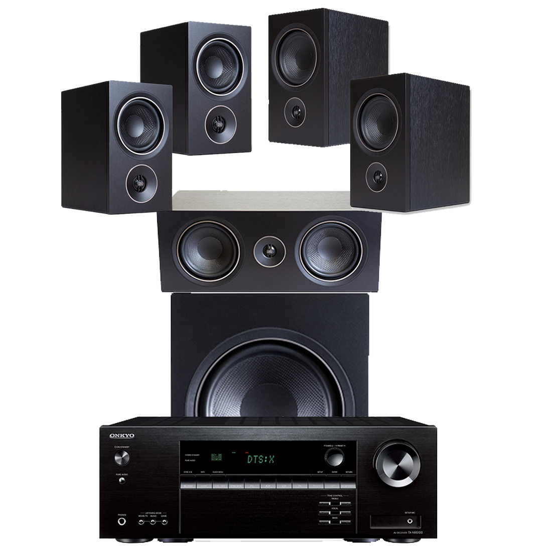 Onkyo TX-NR5100 7.2 Channel Network A/V Receiver | PSB Alpha Bookshelf Speaker Bundle – Black Ash - Bundle