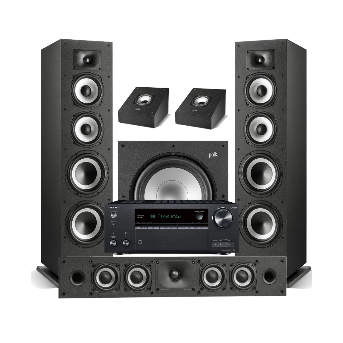 Onkyo TX-NR7100 9.2 Channel THX Certified Network A/V Receiver | Polk Audio Monitor XT70 Floor Standing Loudspeakers – Pair | XT35 Center Channel | XT90 Height Speaker - Pair | XT12 12” Subwoofer - Bundle