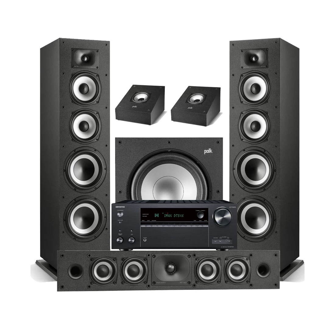 Onkyo TX-NR7100 9.2 Channel THX Certified Network A/V Receiver | Polk Audio Monitor XT70 Floor Standing Loudspeakers – Pair | XT35 Center Channel | XT90 Height Speaker - Pair | XT12 12” Subwoofer - Bundle