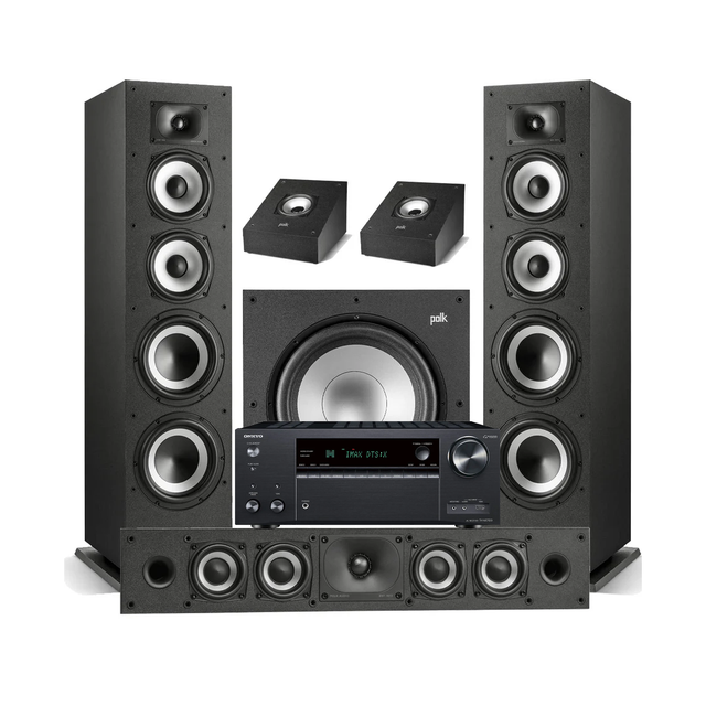 Onkyo TX-NR7100 9.2 Channel THX Certified Network A/V Receiver | Polk Audio Monitor XT70 Floor Standing Loudspeakers – Pair | XT35 Center Channel | XT90 Height Speaker - Pair | XT12 12” Subwoofer - Bundle