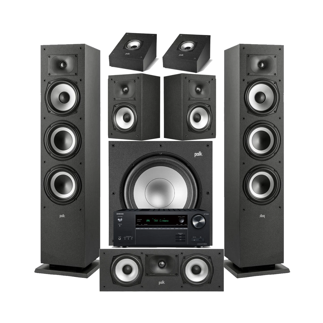 Onkyo TX-NR6100 7.2 Channel THX Certified Network A/V Receiver | Polk Audio XT60 Floor Standing Speakers - Pair| Monitor XT30 Center Channel | XT15 Bookshelf Speakers | XT90 Height Speaker | XT12 12” Powered Subwoofer - Bundle