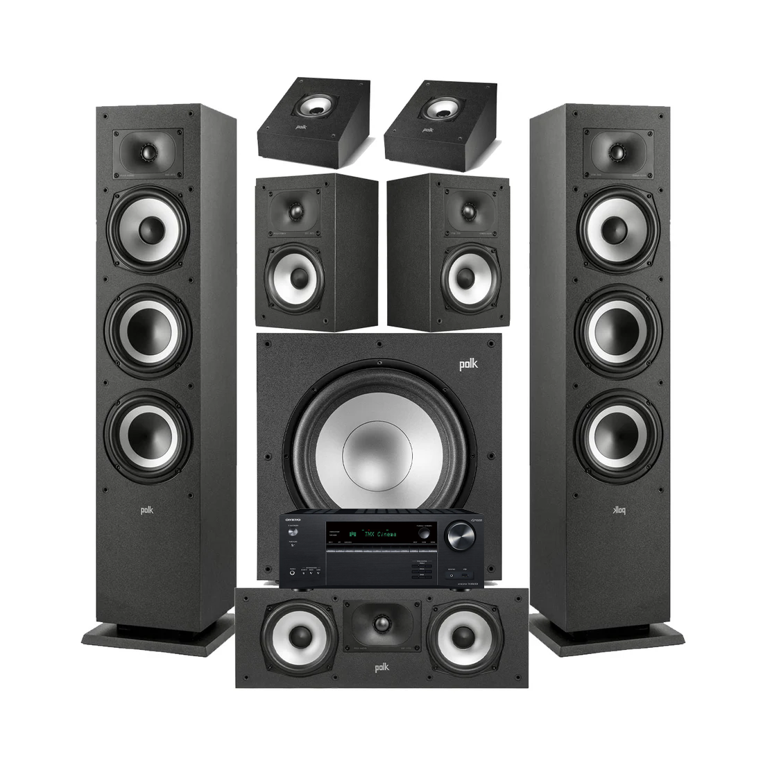 Onkyo TX-NR6100 7.2 Channel THX Certified Network A/V Receiver | Polk Audio XT60 Floor Standing Speakers - Pair| Monitor XT30 Center Channel | XT15 Bookshelf Speakers | XT90 Height Speaker | XT12 12” Powered Subwoofer - Bundle