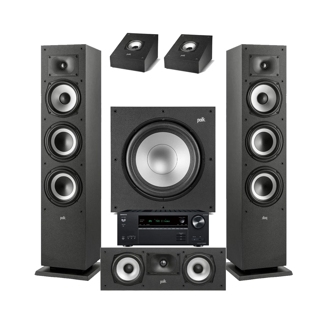 Onkyo TX-NR6100 7.2 Channel THX Certified Network A/V Receiver | Polk Audio XT60 Floor Standing Speakers – Pair | Polk Audio Monitor XT30 Center Channel | XT90 Height Speakers- Pair | Polk Audio XT12 12” Subwoofer - Bundle