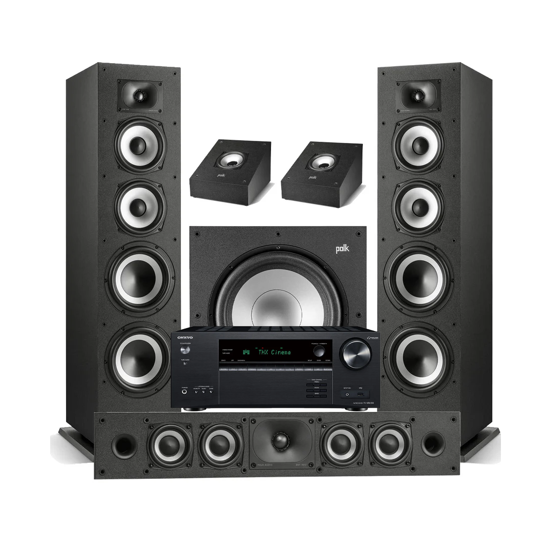 Onkyo TX-NR6100 7.2 Channel THX Certified Network A/V Receiver | Polk Audio Monitor XT70 Floor Standing Loudspeakers – Pair | XT35 Center Channel | XT90 Height Speaker - Pair | XT12 12” Subwoofer - Bundle