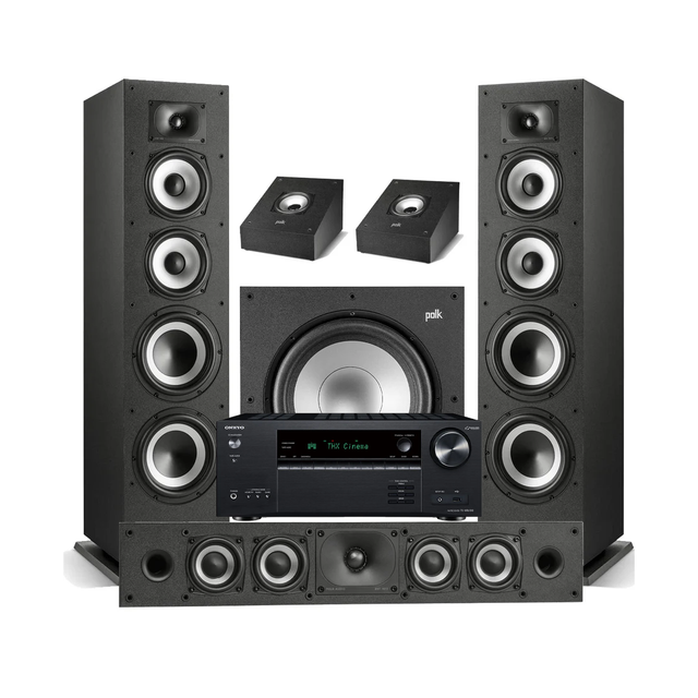 Onkyo TX-NR6100 7.2 Channel THX Certified Network A/V Receiver | Polk Audio Monitor XT70 Floor Standing Loudspeakers – Pair | XT35 Center Channel | XT90 Height Speaker - Pair | XT12 12” Subwoofer - Bundle
