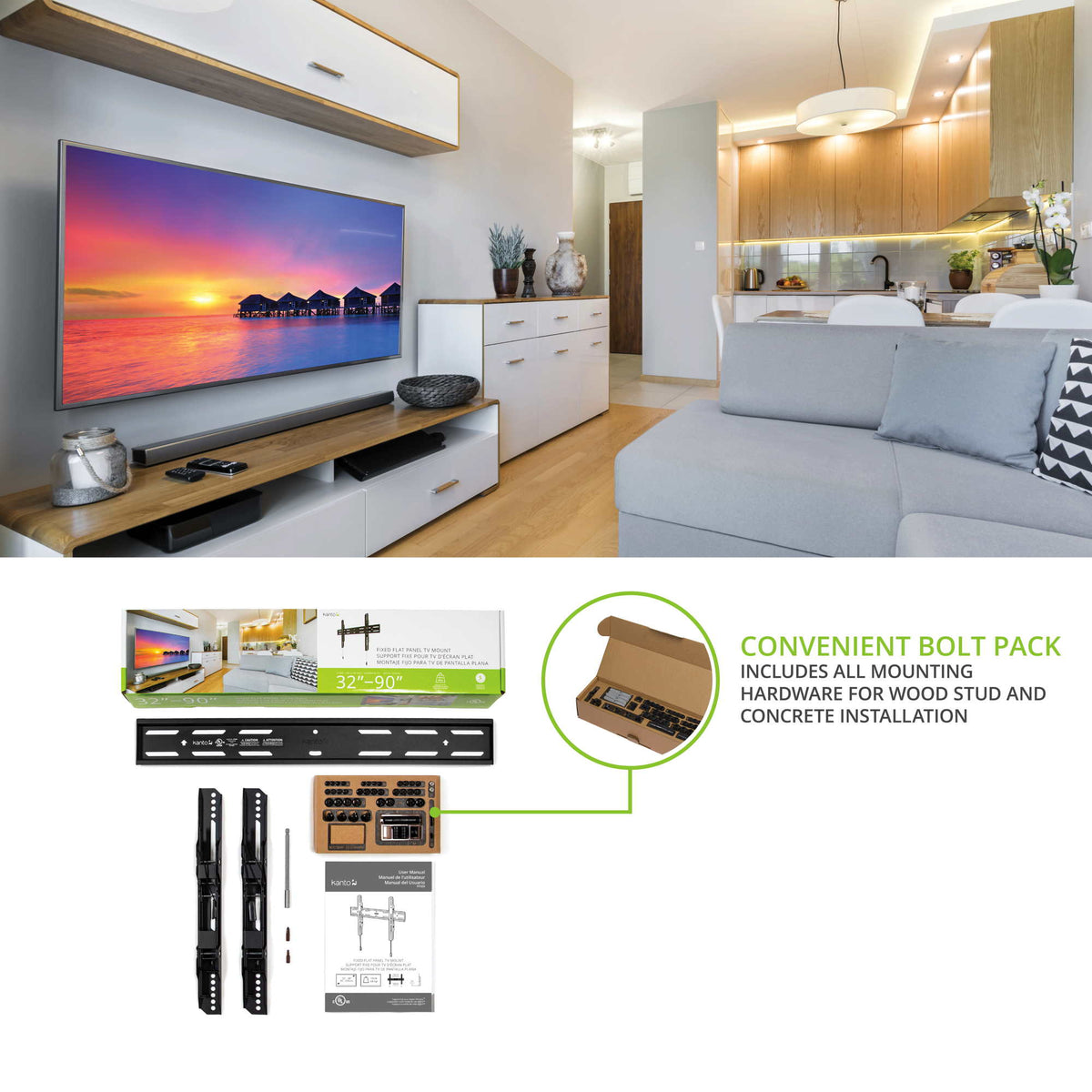 Kanto PF300 Fixed Low-Profile TV Wall Mount for 40"–100" TVs with 150 lb Capacity - Black