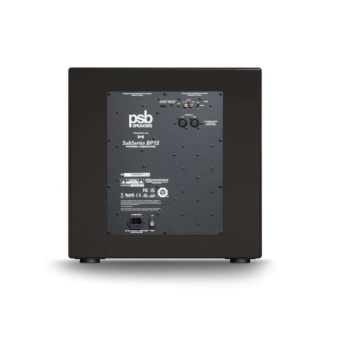 Rear I/O panel of PSB SubSeries BP12 subwoofer