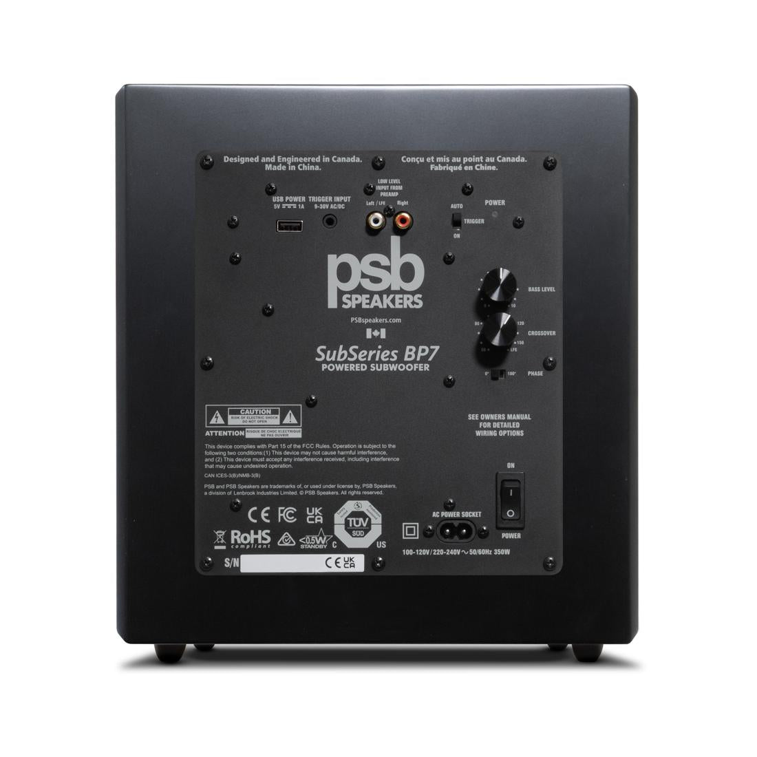 PSB SubSeries BP7 subwoofer in black rear I/O panel