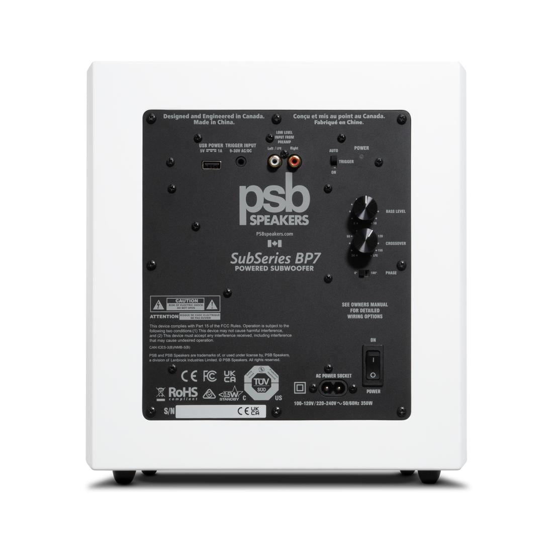 PSB SubSeries BP7 subwoofer in white rear I/O panel