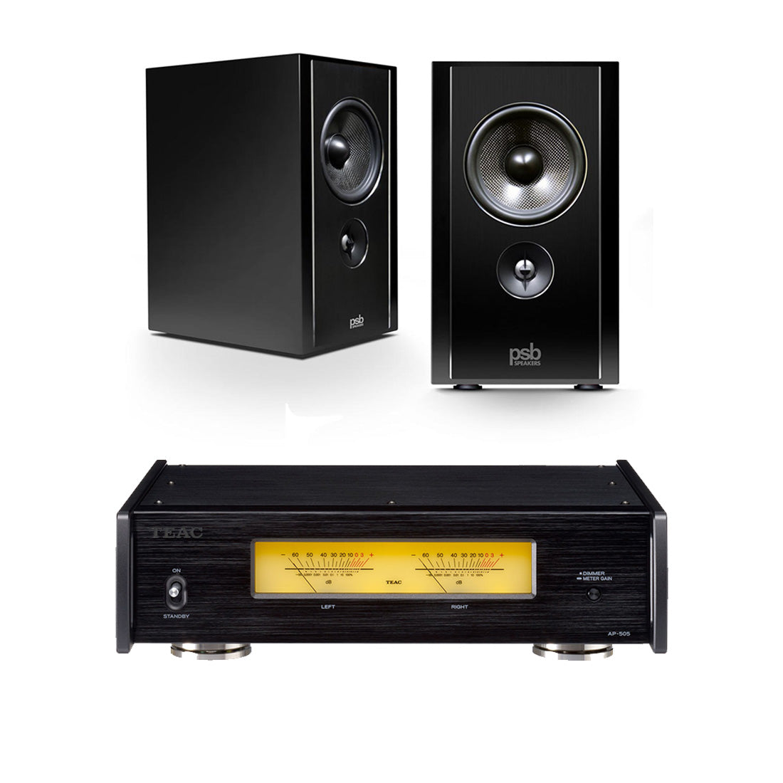 PSB Synchrony B600 Premium Bookshelf Speakers Satin BLK (Pair) | TEAC AP505B Stereo Power Amplifier - Bundle