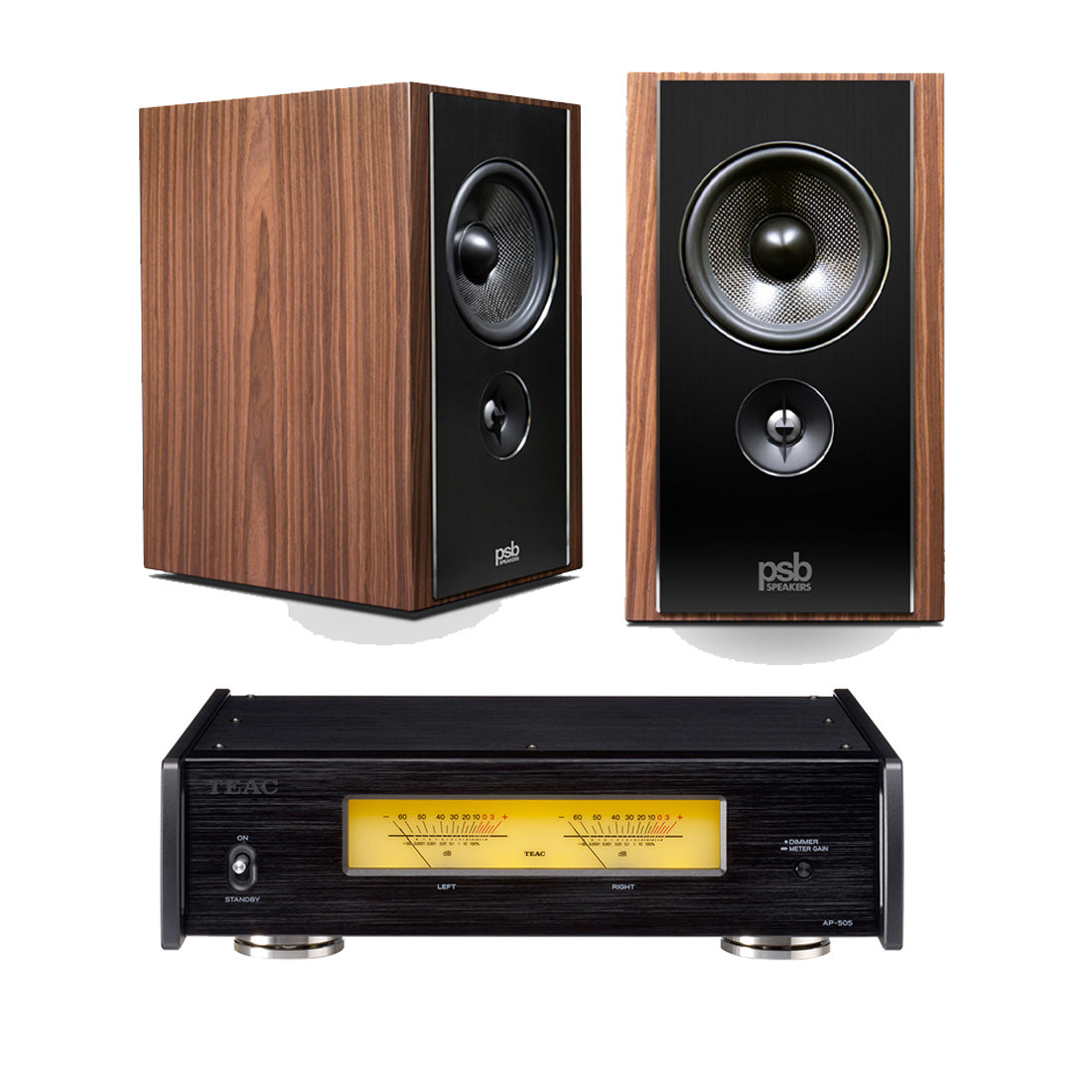 PSB Synchrony B600 Premium Bookshelf Speakers Satin Walnut (Pair) | TEAC AP505B Stereo Power Amplifier - Bundle