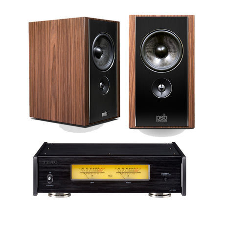 PSB Synchrony B600 Premium Bookshelf Speakers Satin Walnut (Pair) | TEAC AP505B Stereo Power Amplifier - Bundle