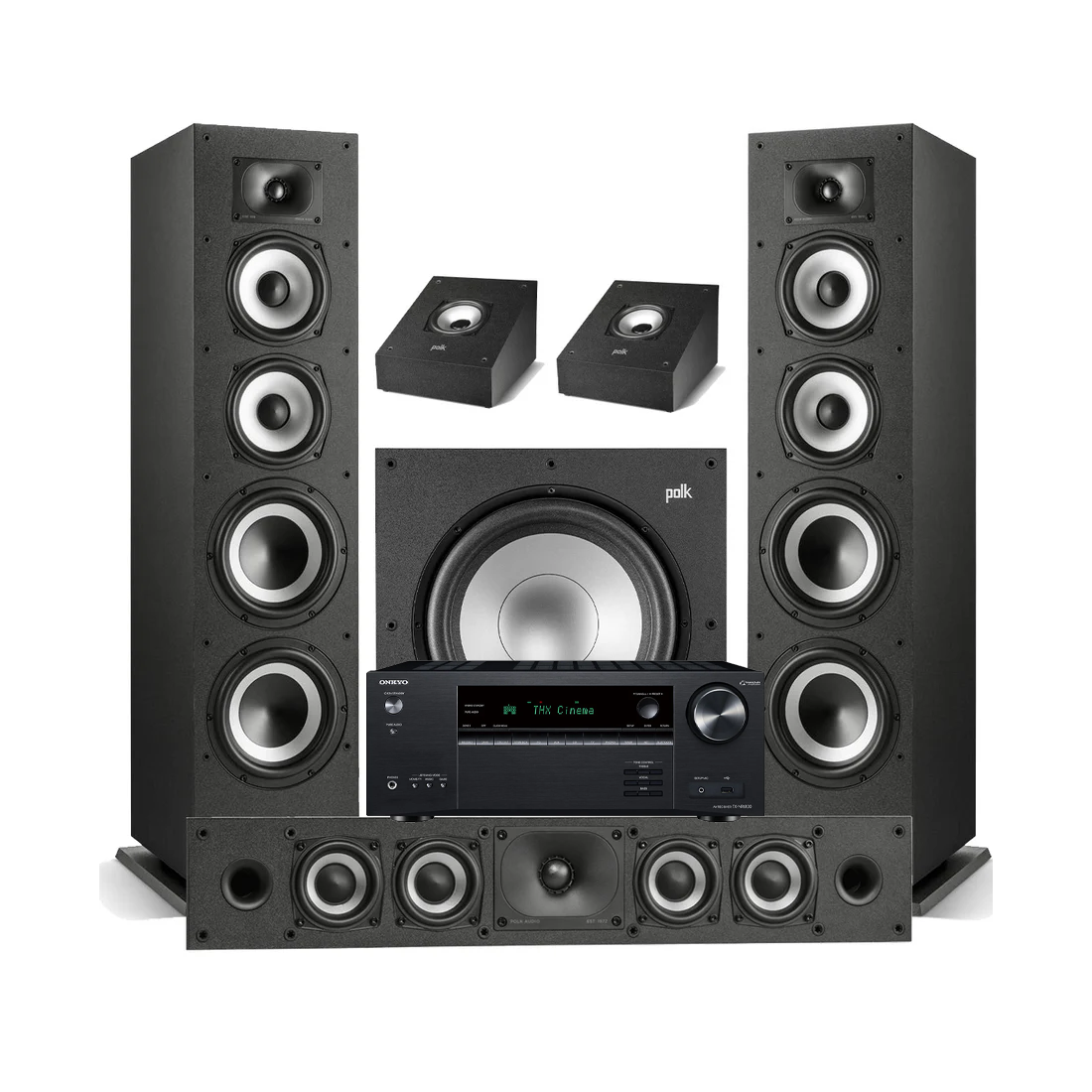 Onkyo TX-NR6100 7.2 Channel THX Certified Network A/V Receiver | Polk Audio Monitor XT70 Floor Standing Loudspeakers – Pair | XT35 Center Channel | XT90 Height Speaker - Pair | XT12 12” Subwoofer - Bundle