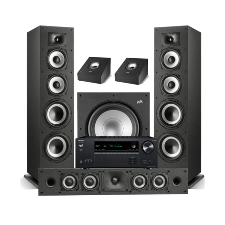 Onkyo TX-NR6100 7.2 Channel THX Certified Network A/V Receiver | Polk Audio Monitor XT70 Floor Standing Loudspeakers – Pair | XT35 Center Channel | XT90 Height Speaker - Pair | XT12 12” Subwoofer - Bundle