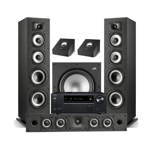 Onkyo TX-NR6100 7.2 Channel THX Certified Network A/V Receiver | Polk Audio Monitor XT70 Floor Standing Loudspeakers – Pair | XT35 Center Channel | XT90 Height Speaker - Pair | XT12 12” Subwoofer - Bundle