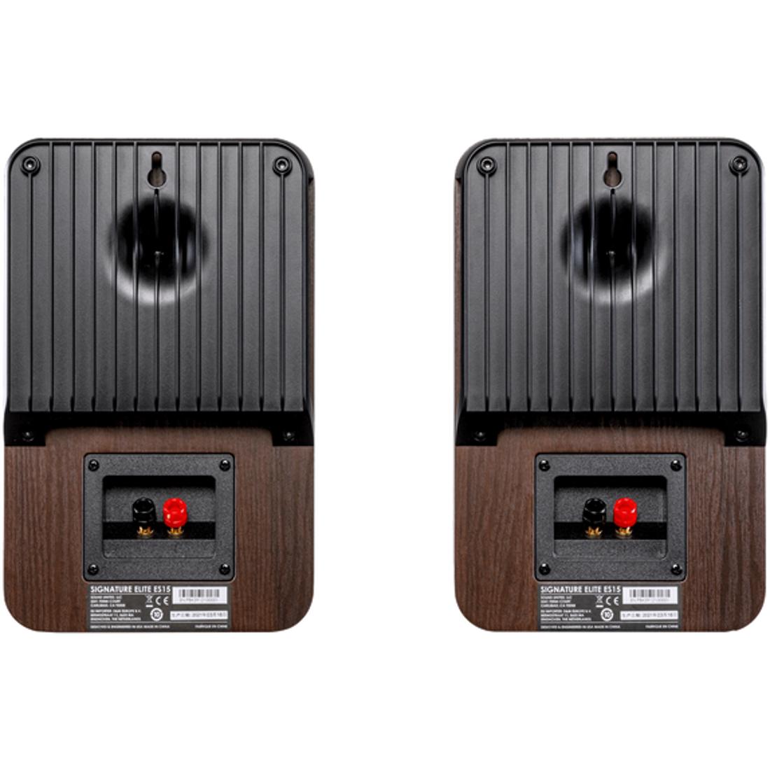 Pair of brown Polk ES15 speakers from rear showing keyhole slots and terminals
