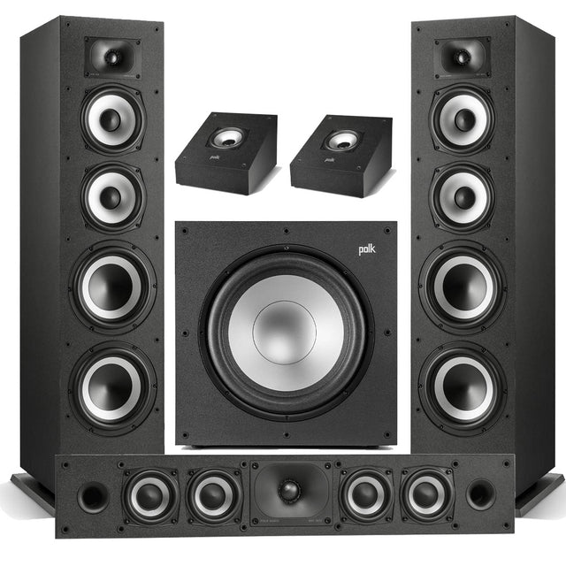 Polk Audio Monitor XT70 Floor Standing Loudspeakers – Pair | XT35 Center Channel | XT90 Height Speaker - Pair | XT12 12” Subwoofer - Bundle