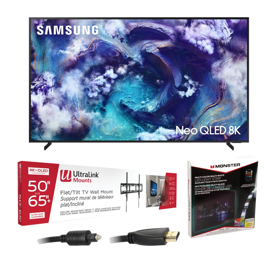Samsung QN65QN900FFXZC 65" Neo QLED 8K Vision AI Smart TV | Ultralink KIT3LED Home Entertainment Starter Kit Bundle
