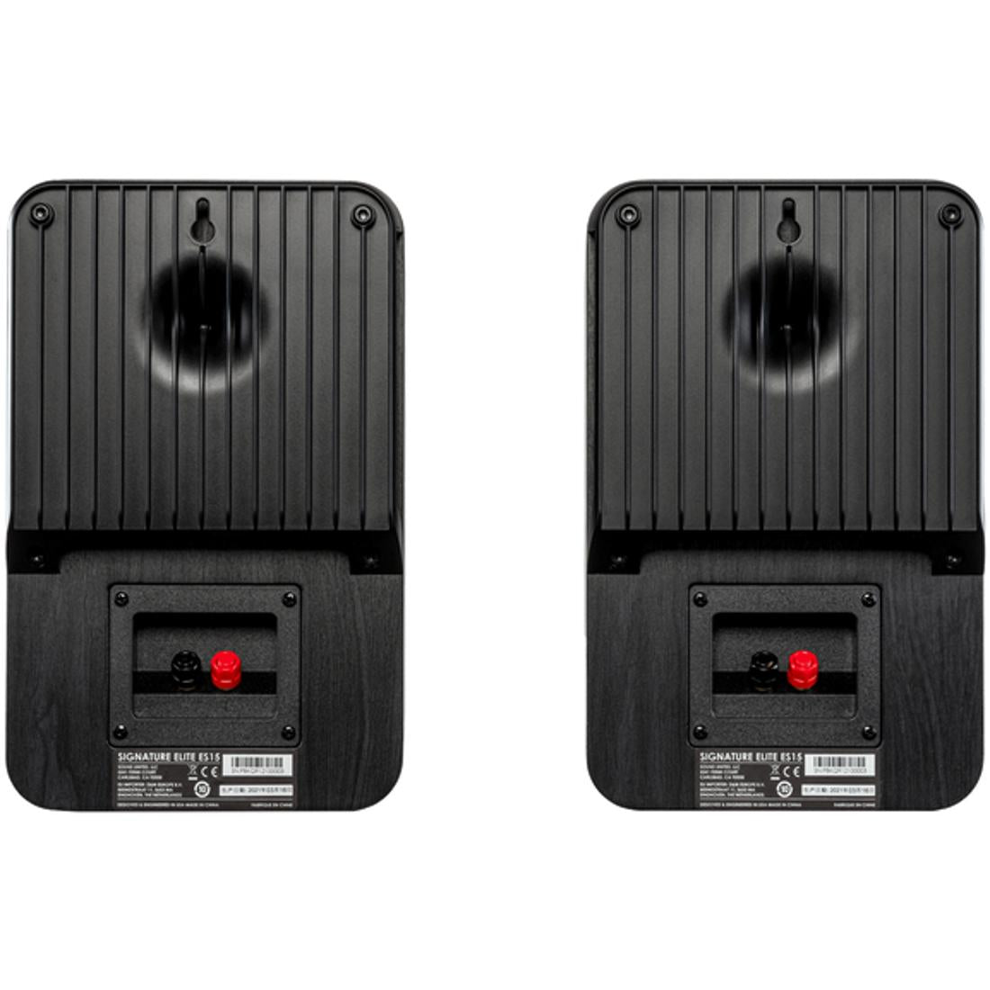 Rear of two black Polk ES15 speakers showing their terminals and keyhole slots