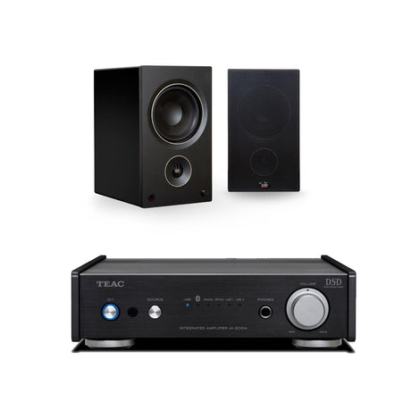 TEAC AI301DAXB Integrated Amplifier w/ USB DAC | PSB Alpha AM5 BLK Compact Powered Speakers (Pair) - Bundle