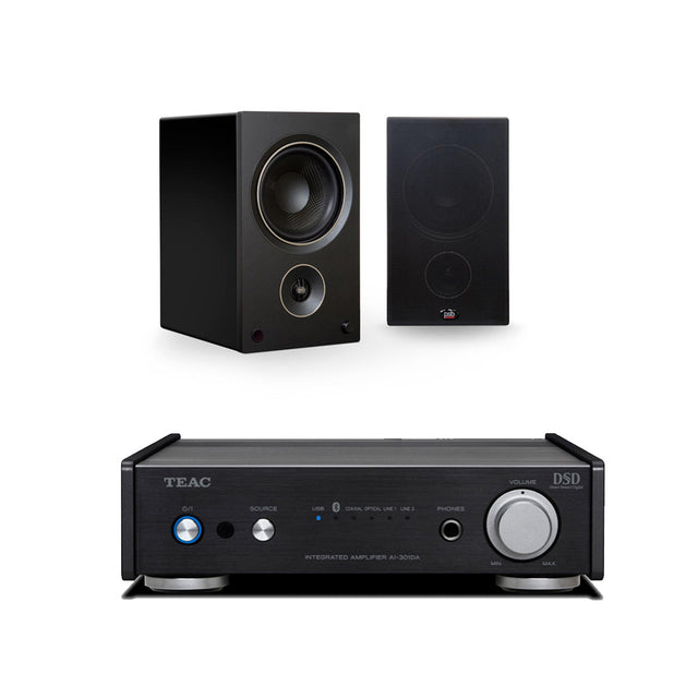TEAC AI301DAXB Integrated Amplifier w/ USB DAC | PSB Alpha AM5 BLK Compact Powered Speakers (Pair) - Bundle