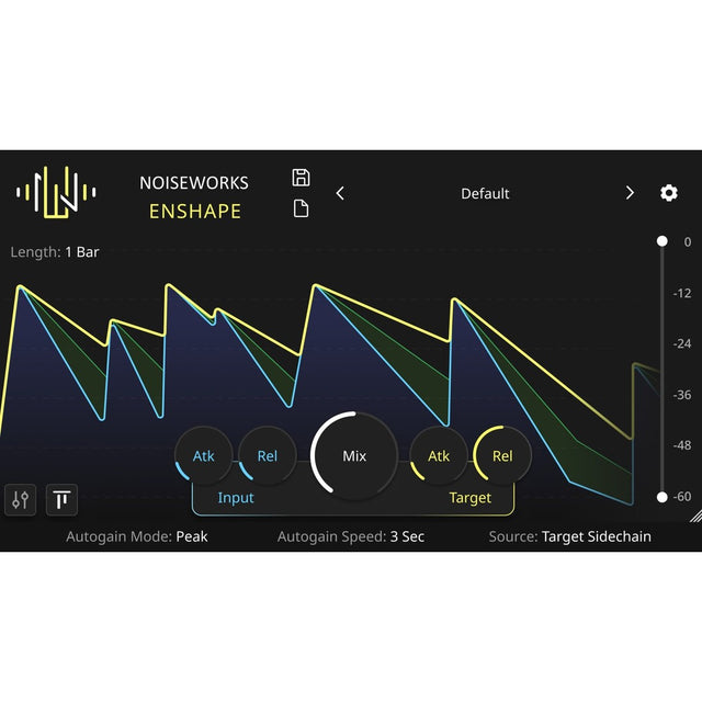Enshape transient designer plugin, advanced view: input and target envelopes over the waveform, Attack, Release and Mix controls and the Autogain settings