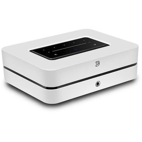 White Bluesound POWERNODE with touch panel controls