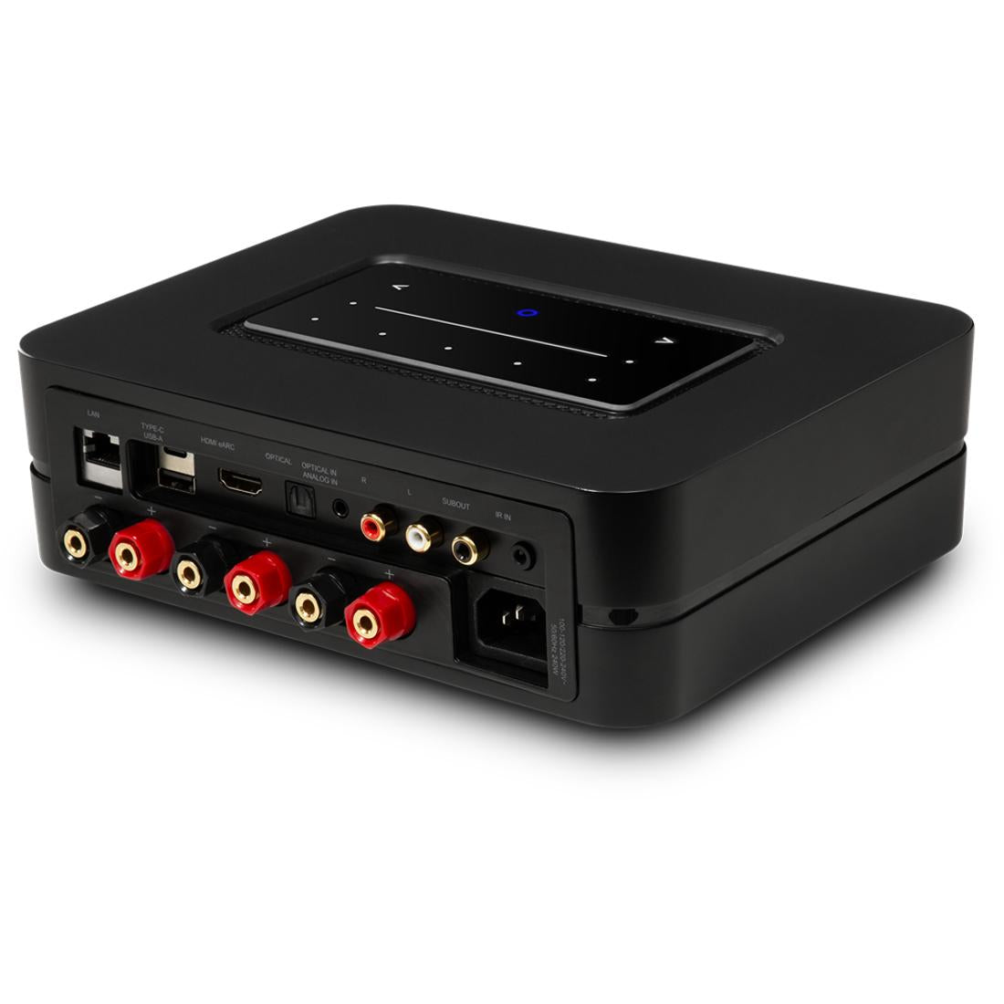 Black Bluesound POWERNODE from rear showing inputs and ouputs