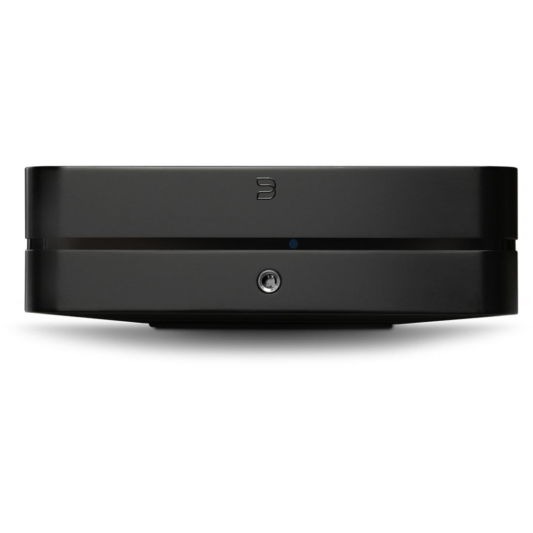 Black POWERNODE seen from front, showing the Bluesound brand logo