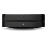Black POWERNODE seen from front, showing the Bluesound brand logo