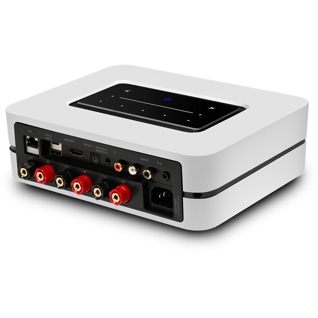 White Bluesound POWERNODE from back, showing touch controls and input/output panel