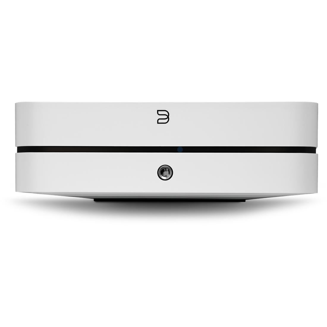 White POWERNODE from front showing Bluesound logo in black